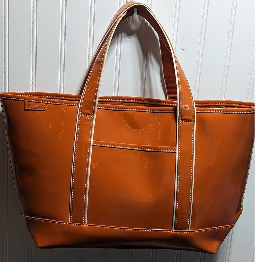 Lands End Women's Orange White Patent Leather Tote Bag
